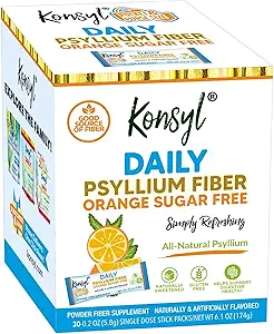 Konsyl Daily Fiber Orange 100% Natural Psyllium Husk Powder - Sugar Free and Gluten Free - 30 Individual Stickpacks