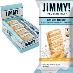 JiMMYBAR! - Golden Vanilla Cookies 'N Cream - 18g Protein Bars - Low 4g Sugar - 12 Count - Real Peanut Butter Base with Hand-Drizzled Chocolate Protein Bar - Functional Meal Replacement Bars