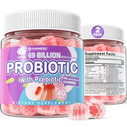 Probiotic Gummies for Women Men, 60 Billion CFU Probiotics + Prebiotics Gummy Sugar Free, 11 Strains for Digestive Health, Supports Constipation, Diarrhea, Gas & Bloating - Peach Flavor, Vegan, 120ct