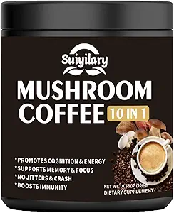 Mushroom Coffee, 10 Mushroom Extract Powder Blend Lion's Mane, Reishi, Chaga, Cordyceps, Turkey Tail, Brain Supplements with Instant Coffee for Energy, Focus, Memory and Immunity 300g