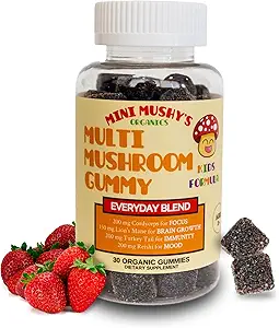 Mini Mushy's Organic Everyday Support Gummies | Turkey Tail, Reishi, Lions Mane, Cordyceps Mushrooms | for Kids Aged 2+ Natural Color, Allergy Friendly, Low Sugar | Strawberry Flavor - 30 Count