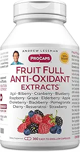 ANDREW LESSMAN Fruit Full Anti-Oxidant Extracts 360 Capsules - 14 Natural Fruit and Berry Extracts. Bilberry, Cranberry, Grape Seed, Pomegranate, Resveratrol, and More. Easy to Swallow Capsules
