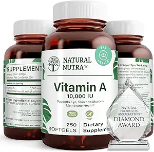 Natural Nutra Vitamin A 10,000 IU Softgels – High Potency Eye and Skin Vitamins – Gluten-Free Vitamin A Supplement for Sight & Skin Health – Fish Liver Oil for Men and Women, Gluten Free, 250 Softgels