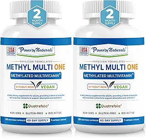 Power By Naturals Methyl Multi One – Iron-Free Methylated Multivitamin for Men & Women with B12 Methylcobalamin, P5P, Folate (5-MTHF), CoQ10 & Zinc for Energy & MTHFR Support, 60 Capsules (2-PK)