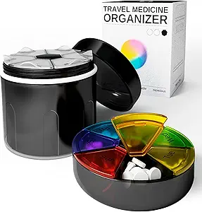 Large Supplement Organizer Bottle - Pill Dispenser 2 in 1 - Big Vitamin Holder and Portable Magnetic Pill Box with 7 Compartments Medication Storage Container Sorter with Labels Travel Medicine Case