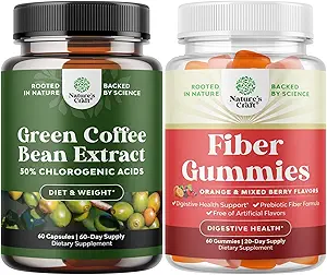 Bundle of Pure Green Coffee Bean Extract with 50% Chlorogenic Acid for Antioxidant Heart Health Mental Focus and Tasty Fiber Gummies with Prebiotic Soluble Chicory Root for Immunity Digestive Support