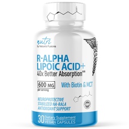Nutri R Alpha Lipoic Acid 600mg Capsules - R Lipoic Acid Stabilized with Biotin - Active Form of R-ALA - 600 mg Clinical Dosage - Powerful Cellular Energy Support - 30 Vegan Capsules - RALA