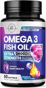 Omega 3 Fish Oil Supplements - 2400mg Fish Oil Per Serving - Triple Strength Omega-3 with EPA & DHA Fatty Acids - Natural Heart, Brain & Immune Support - Wild Caught, Bottled in USA - 60 Softgels