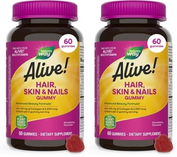Nature's Way Alive! Hair, Skin & Nails Gummies, Advanced Beauty Formula*, with Biotin and Collagen, Strawberry Flavored, 60 Gummies (Packaging May Vary) (Pack of 2)