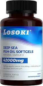 Losoki Deep Sea Fish Oil - 1000 mg EPA & DHA, Omega-3 Fatty Acids, Wild Caught Fish, Premium Burpless Softgel Supplements - 60 ct