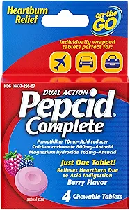 Pepcid Complete Acid Reducer + Antacid for Acid Reflux, 10mg Famotidine, 800mg Calcium Carbonate & 165mg Magnesium Hydroxide per Antacid Chew, Individual Packets, Berry Flavored, 4 ct