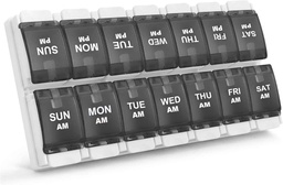 Sukuos AM PM Weekly 7 Day Pill Organizer, 2 Times A Day Pill Box with Arthritis Friendly Push Button, Medicine Cases for Vitamin/Fish Oil/Supplements, Easy to Clean (Black)