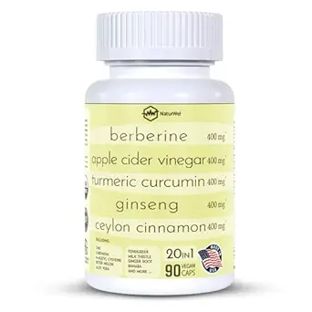 Ceylon Cinnamon Ginseng Berberine Turmeric Apple Cider Vinegar Chromium Zinc N-Acetyl Cysteine Milk Thistle Cayenne Banaba Fenugreek Gymnema Sylvestre 20 in 1 Made in The USA - 90 Capsules