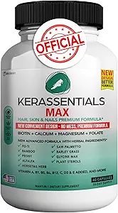 Kerassentials Max - Hair, Skin & Nails Support Supplement | Biotin, Calcium, Magnesium, Folate & Herbal Blend | Premium Formula | 60 Capsules, Vegan & Gluten-Free