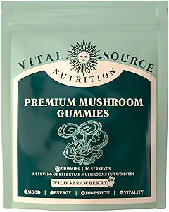 Vital Source Nutrition - Premium Mushroom Gummies - Vitality, Digestion & Energy Support - 10 Types of Premium Mushrooms - Vegan, Gluten-Free & Halal - Wild Strawberry - 60 Gummies - 30 Servings