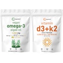 Micro Ingredients Vitamin D3 5,000iu + K2 100mcg Softgels & Vegan Omega 3 Algae Oil Supplement Bundle 2 Pack | Essential Sunshine Vitamins | Omega-3 Full Spectrum Alternative to Fish Oil