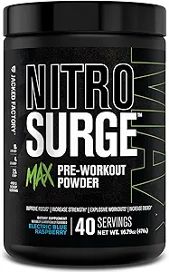 Jacked Factory Nitrosurge Max High Performance Pre Workout Powder - Pre Workout w/Nootropic Ingredients for Intense Focus, Pumps, Smooth Energy, Endurance - 40 Servings, Cherry Bomb