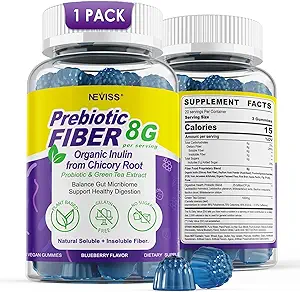 Fiber Gummies for Adults 8g (Inulin, Psyllium Husk, FOS More) with Probiotics, Green Tea Extract, Sugar Free Plant Based Fiber Supplement Blend for Digestive Health, Regularity, Non-GMO, Vegan, 60Cts