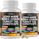 Vitamax Lions Mane Mushroom, Turkey Tail, Chaga & Reishi, Cordyceps Shiitake White Elm King Trumpet Nameko Oyster Porcini Focus & Energy - Made in USA