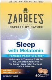 Zarbee's Melatonin 5mg, L-Theanine + GABA Sleep Supplement to Promote Peaceful Sleep, Natural Orange Flavor, Chewable Tablets for Adults Age 12 Up, 60 Count