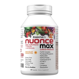 ANDREW LESSMAN Essential-1 nuonce max Multivitamin 2000 IU Vitamin D3 60 Small Capsules. 100 mcg Methyl B12. CoQ10 Lutein Lycopene Zeaxanthin. High Potency. No Additives. Ultra-Mild One Daily Capsule