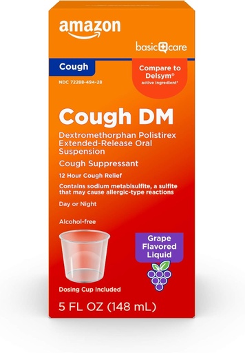   Basic Care 12 Hour Cough DM Syrup, Extended-Release Dextromethorphan, Grape Flavor Liquid Medicine, 5 fl oz (Pack of 1)